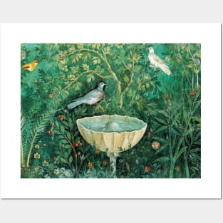 POMPEII COLLECTION,LITTLE BIRDS,DOVES AND FOUNTAIN IN GARDEN ,GREEN FLORAL Posters and Art